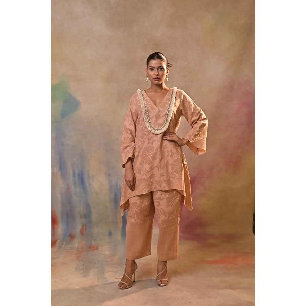 Jasashi Peach Jacquard Embroidered Kurta with Pant (Set of 2)