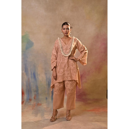 Jasashi Peach Jacquard Embroidered Kurta with Pant (Set of 2)