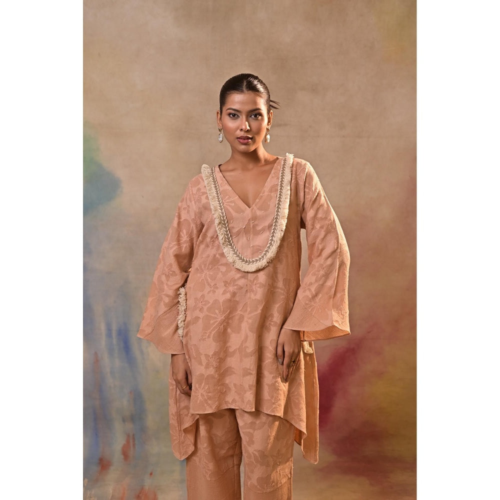 Jasashi Peach Jacquard Embroidered Kurta with Pant (Set of 2)