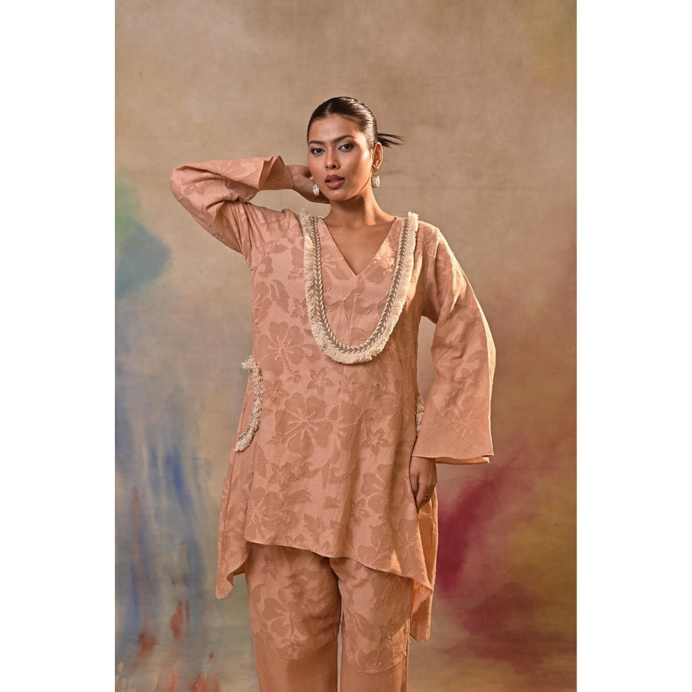 Jasashi Peach Jacquard Embroidered Kurta with Pant (Set of 2)