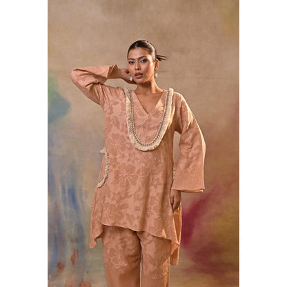 Jasashi Peach Jacquard Embroidered Kurta with Pant (Set of 2)