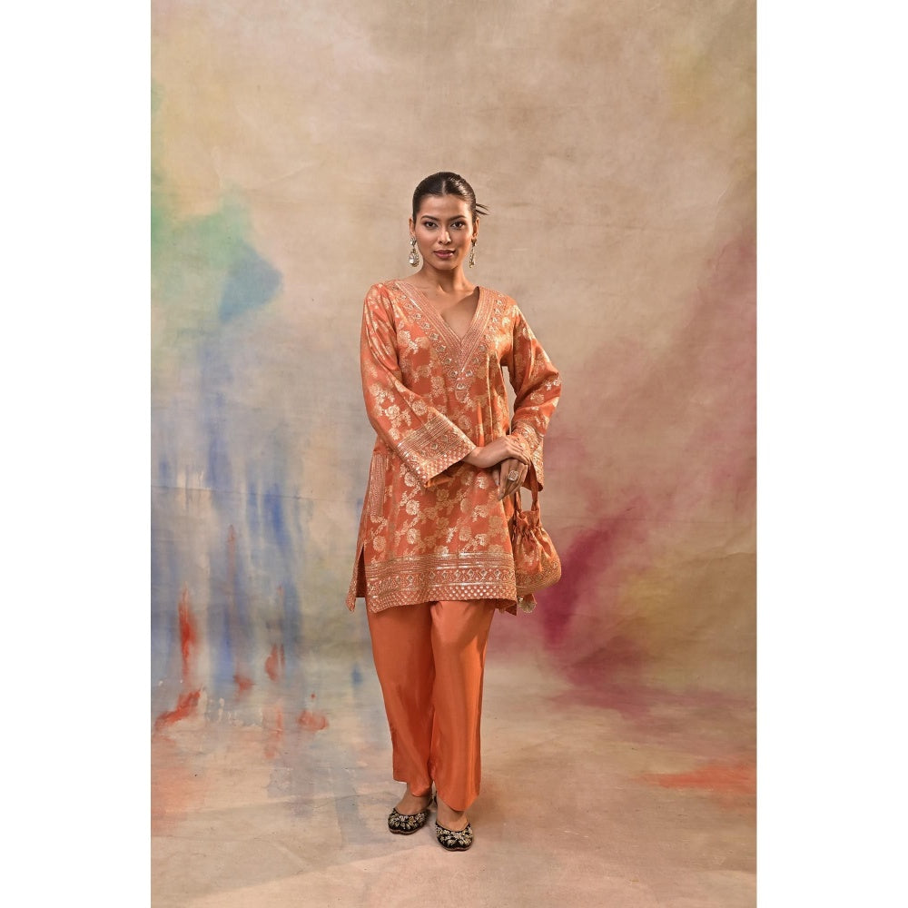 Jasashi Orange Brocade Kurta with Pant and Potli Bag (Set of 3)