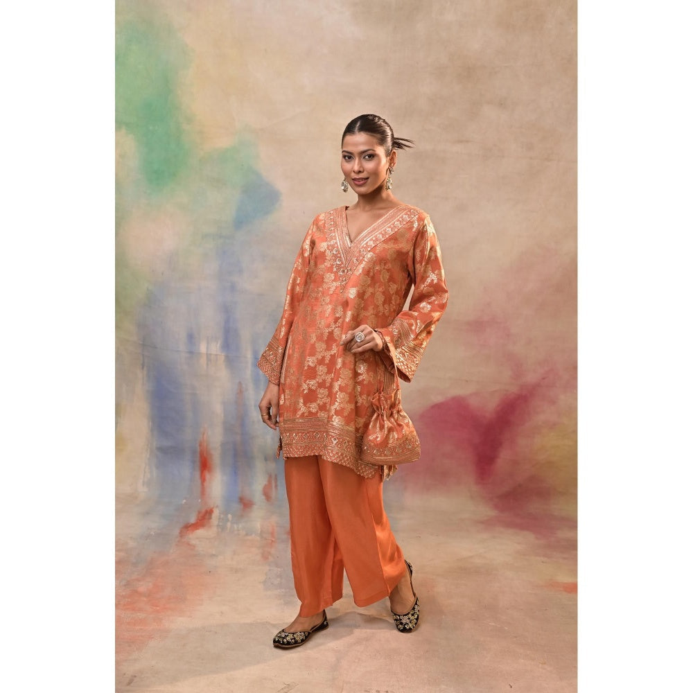 Jasashi Orange Brocade Kurta with Pant and Potli Bag (Set of 3)