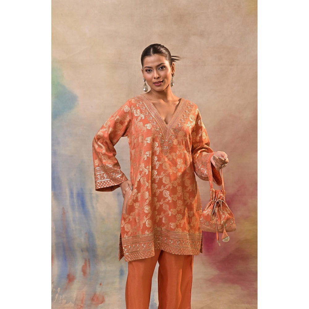 Jasashi Orange Brocade Kurta with Pant and Potli Bag (Set of 3)