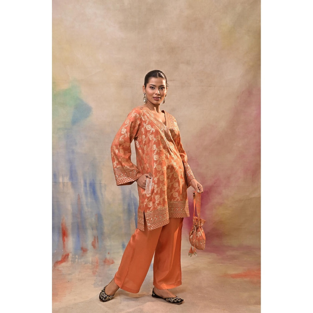 Jasashi Orange Brocade Kurta with Pant and Potli Bag (Set of 3)