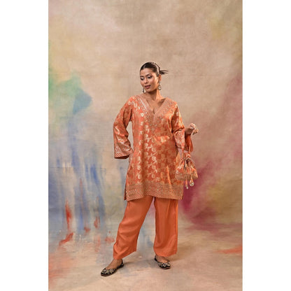 Jasashi Orange Brocade Kurta with Pant and Potli Bag (Set of 3)