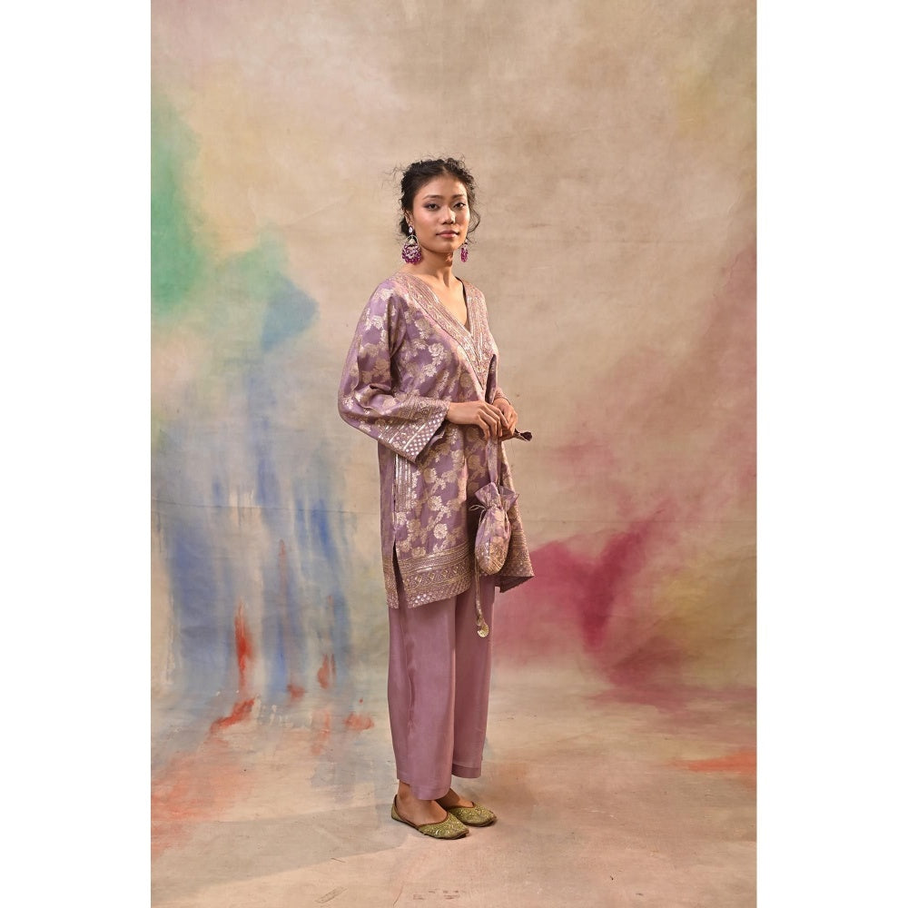 Jasashi Lavender Brocade Kurta with Pant and Potli Bag (Set of 3)