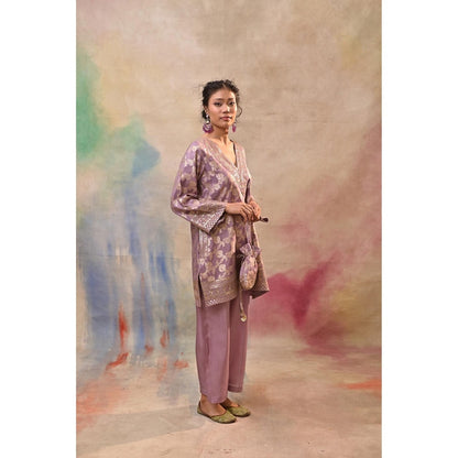 Jasashi Lavender Brocade Kurta with Pant and Potli Bag (Set of 3)
