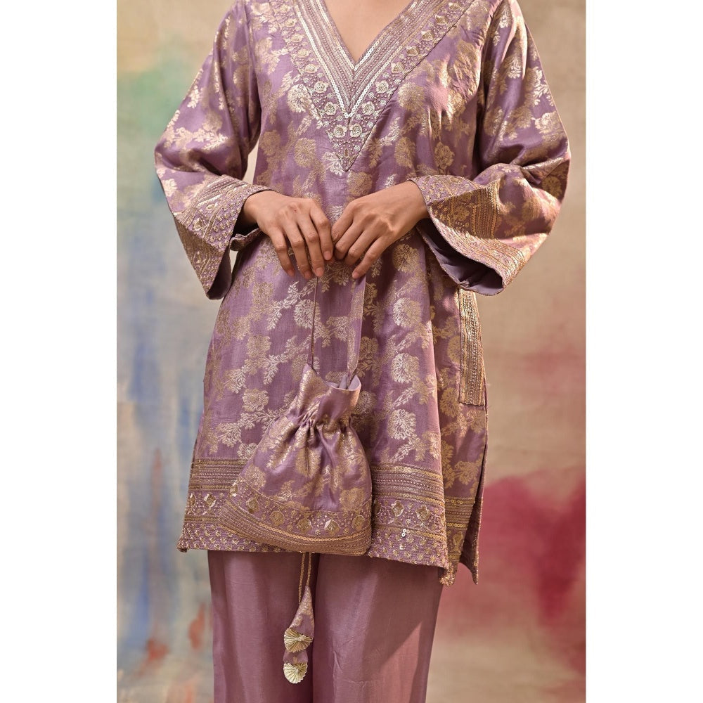 Jasashi Lavender Brocade Kurta with Pant and Potli Bag (Set of 3)