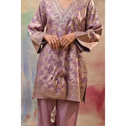 Jasashi Lavender Brocade Kurta with Pant and Potli Bag (Set of 3)