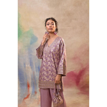 Jasashi Lavender Brocade Kurta with Pant and Potli Bag (Set of 3)