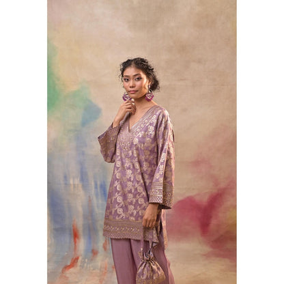 Jasashi Lavender Brocade Kurta with Pant and Potli Bag (Set of 3)