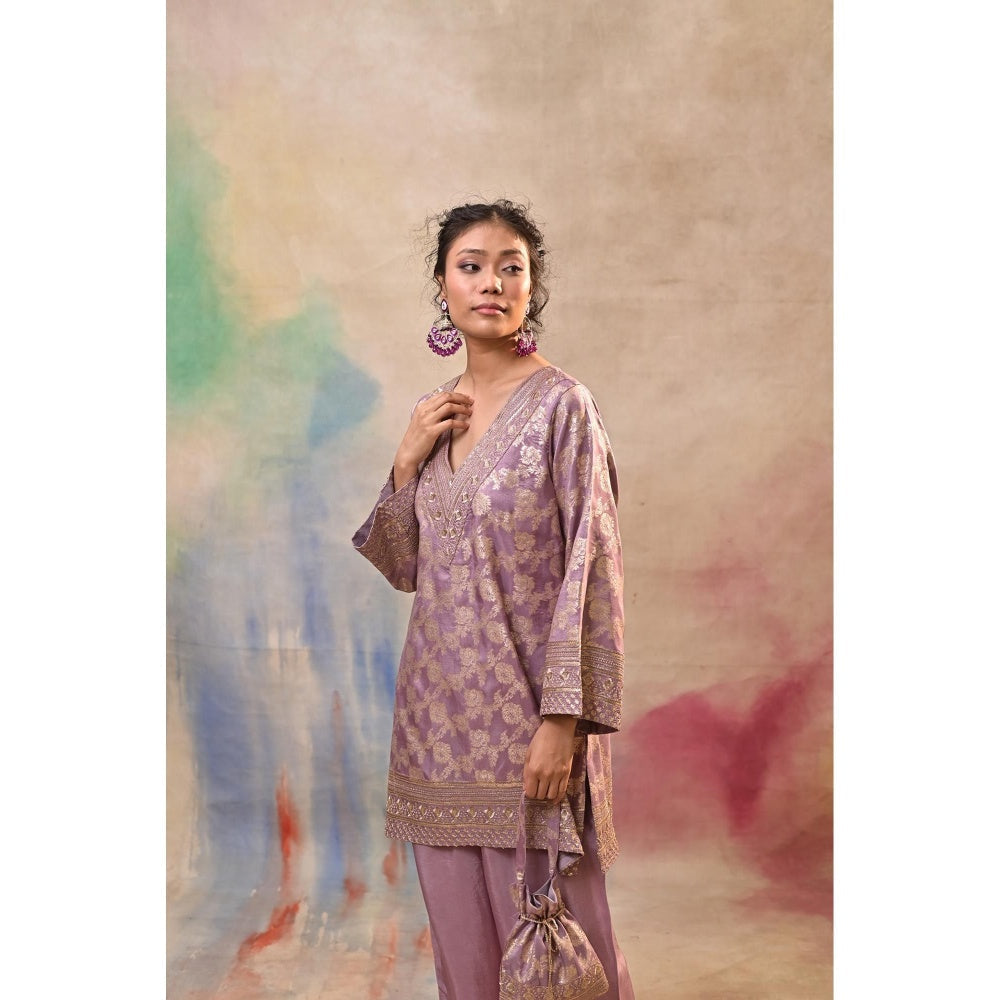 Jasashi Lavender Brocade Kurta with Pant and Potli Bag (Set of 3)