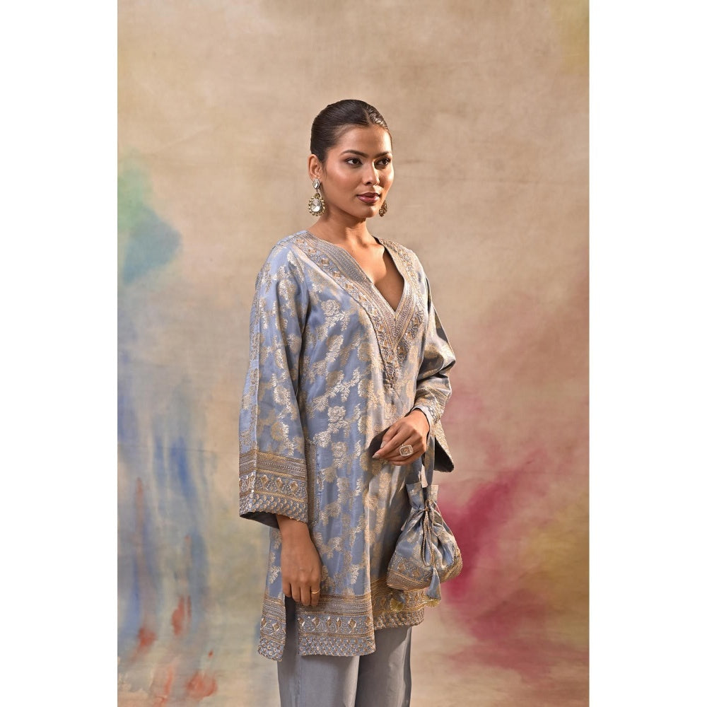 Jasashi Blue Brocade Kurta with Pant and Potli Bag (Set of 3)