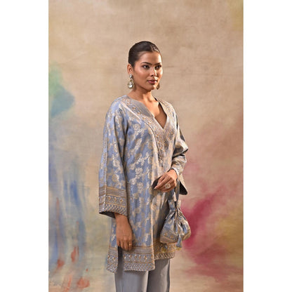 Jasashi Blue Brocade Kurta with Pant and Potli Bag (Set of 3)