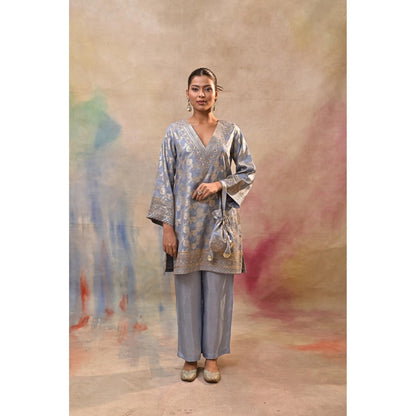 Jasashi Blue Brocade Kurta with Pant and Potli Bag (Set of 3)