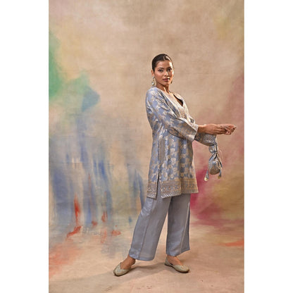 Jasashi Blue Brocade Kurta with Pant and Potli Bag (Set of 3)