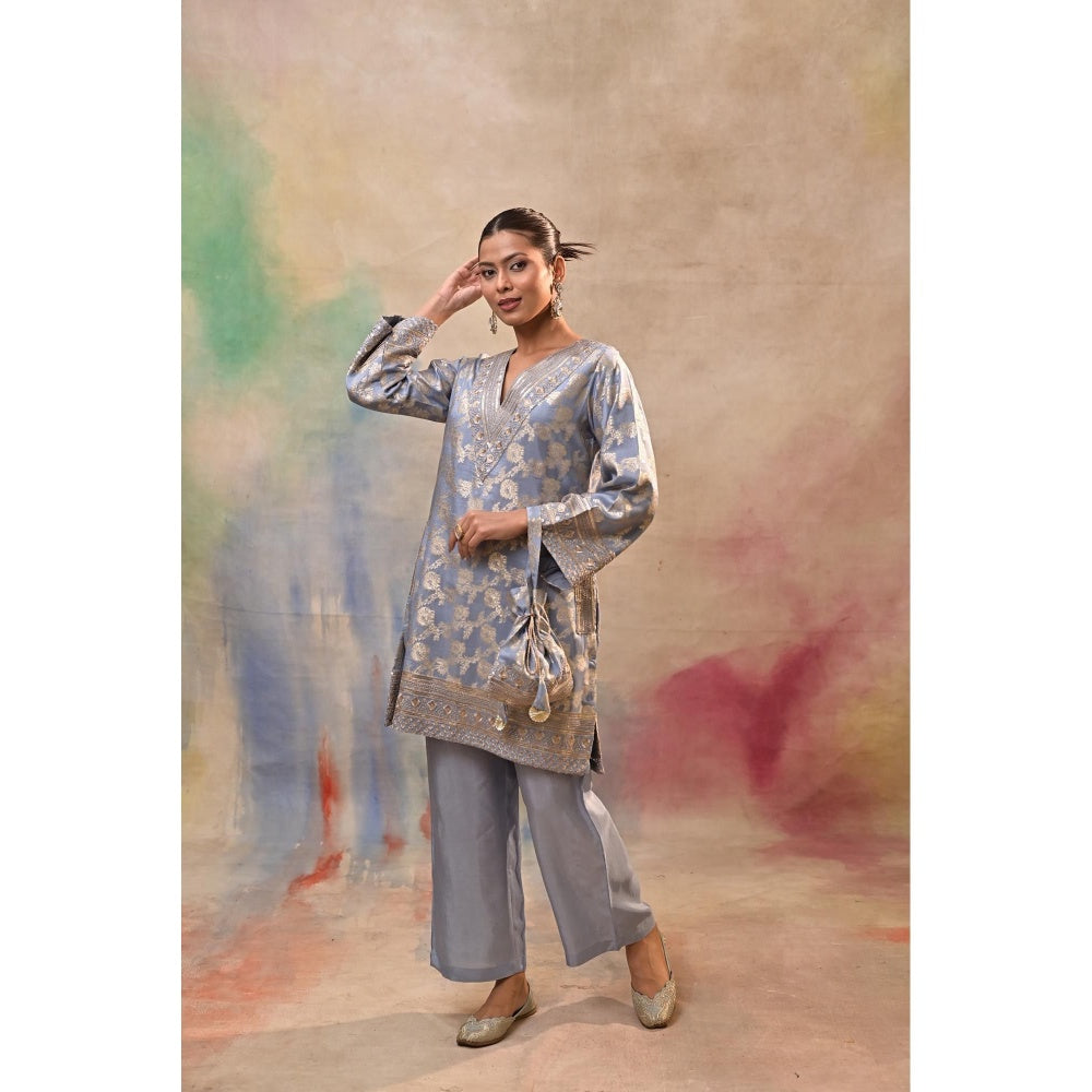 Jasashi Blue Brocade Kurta with Pant and Potli Bag (Set of 3)