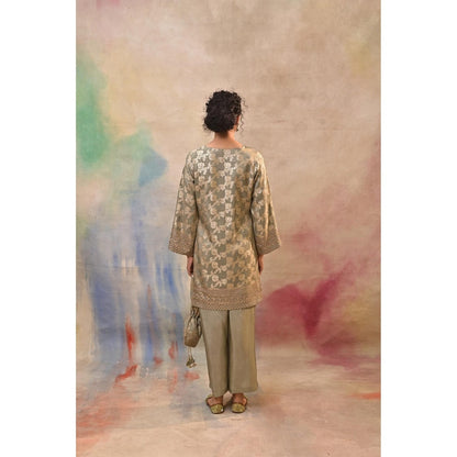 Jasashi Taupe Brocade Kurta with Pant and Potli Bag (Set of 3)