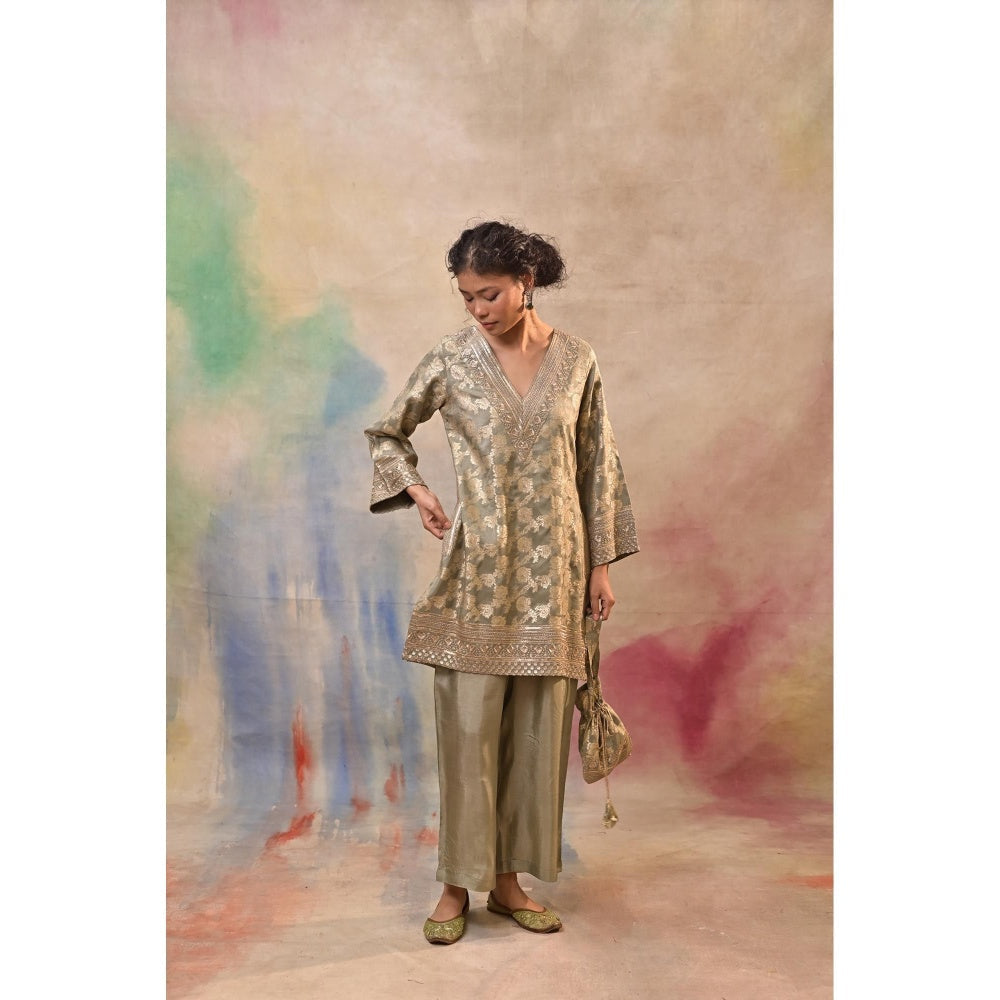 Jasashi Taupe Brocade Kurta with Pant and Potli Bag (Set of 3)