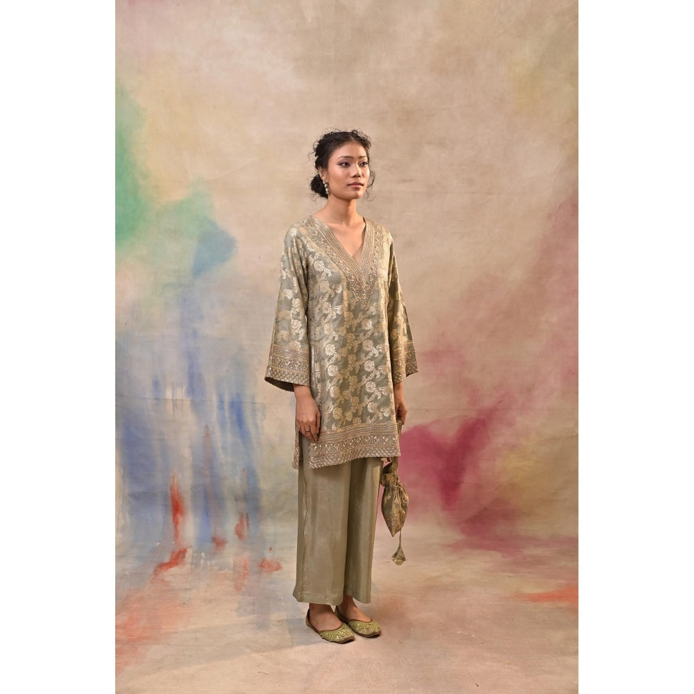 Jasashi Taupe Brocade Kurta with Pant and Potli Bag (Set of 3)