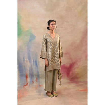Jasashi Taupe Brocade Kurta with Pant and Potli Bag (Set of 3)