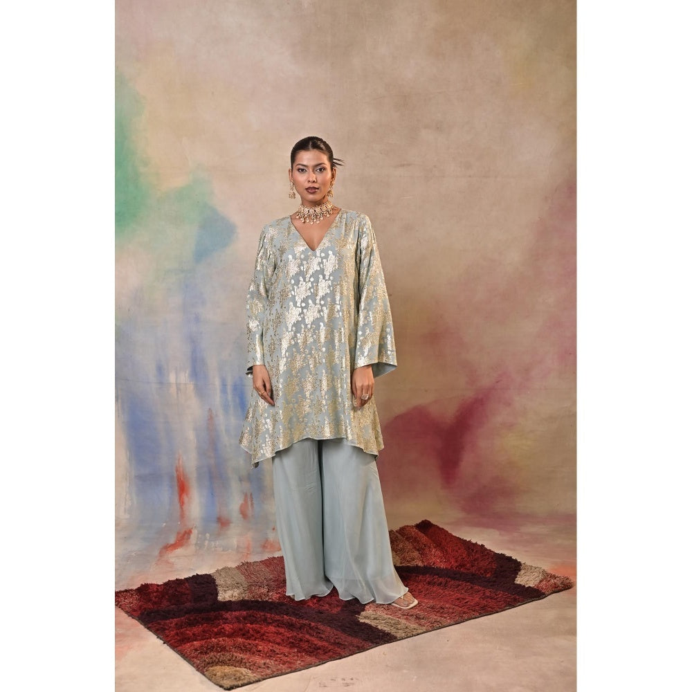 Jasashi Blue Mint Green Brocade Kurta with Palazzo (Set of 2)