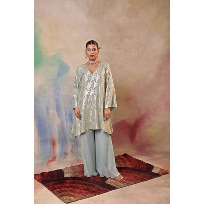 Jasashi Blue Mint Green Brocade Kurta with Palazzo (Set of 2)