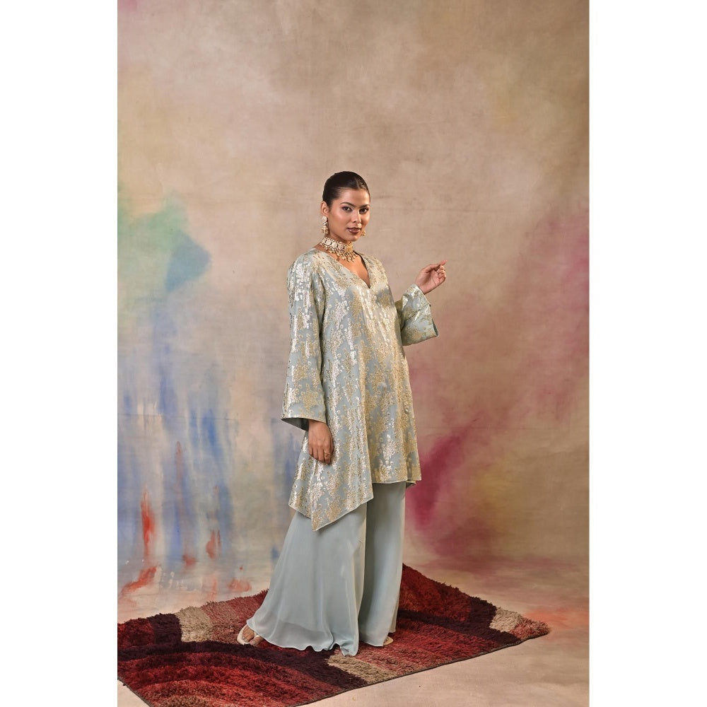 Jasashi Blue Mint Green Brocade Kurta with Palazzo (Set of 2)