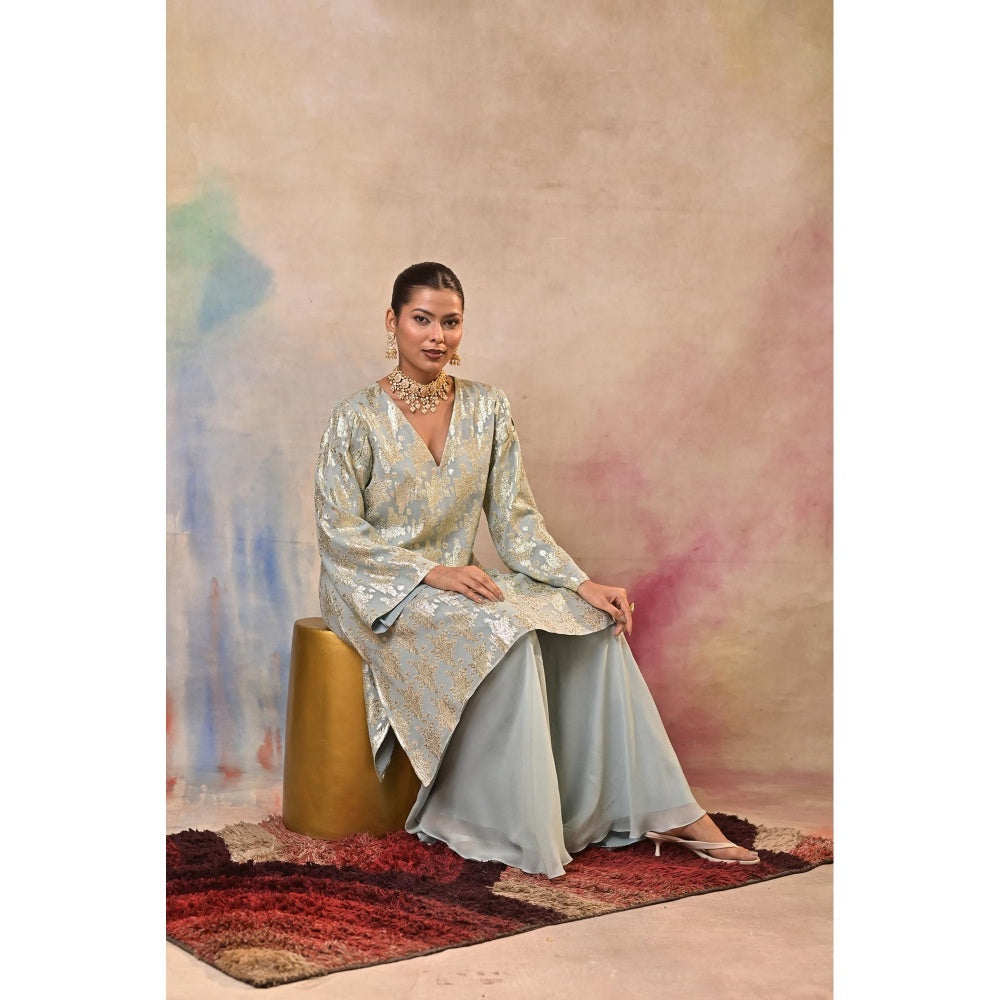 Jasashi Blue Mint Green Brocade Kurta with Palazzo (Set of 2)