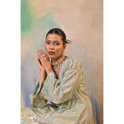 Jasashi Blue Mint Green Brocade Kurta with Palazzo (Set of 2)