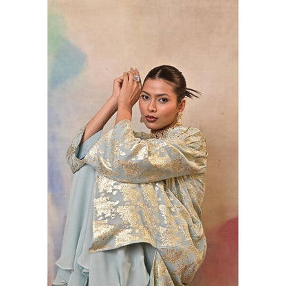 Jasashi Blue Mint Green Brocade Kurta with Palazzo (Set of 2)