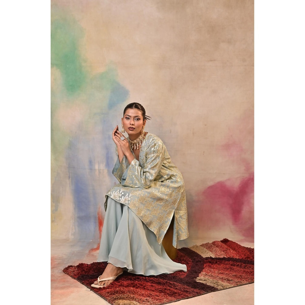 Jasashi Blue Mint Green Brocade Kurta with Palazzo (Set of 2)