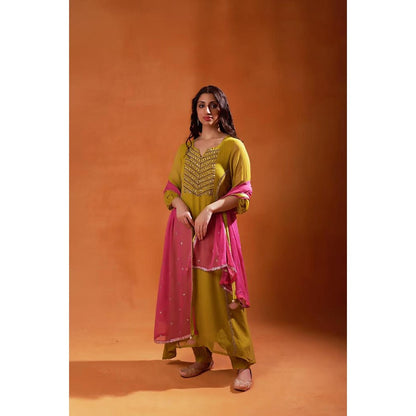 Jasashi Olive Green Embroidered Kurta with Salwar and Dupatta (Set of 3)