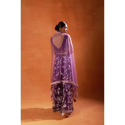 Jasashi Purple Embellished Floral Indo-Western Crop Top with Palazzo and Cape (Set of 3)