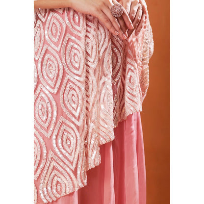 Jasashi Pink Asymmetrical Embellished Indo-Western Top with Skirt (Set of 2)