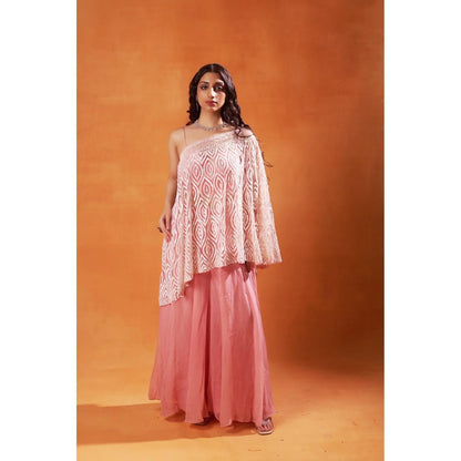 Jasashi Pink Asymmetrical Embellished Indo-Western Top with Skirt (Set of 2)