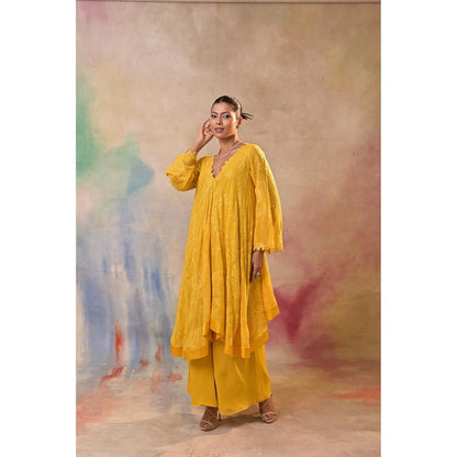 Jasashi Radiant Yellow Embroidered Indo-Western Kurta with Palazzo (Set of 2)