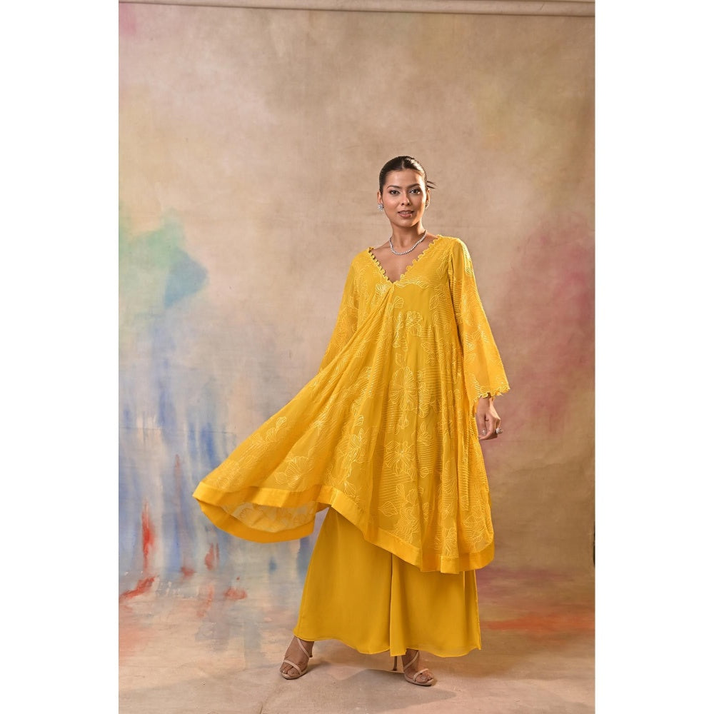 Jasashi Radiant Yellow Embroidered Indo-Western Kurta with Palazzo (Set of 2)