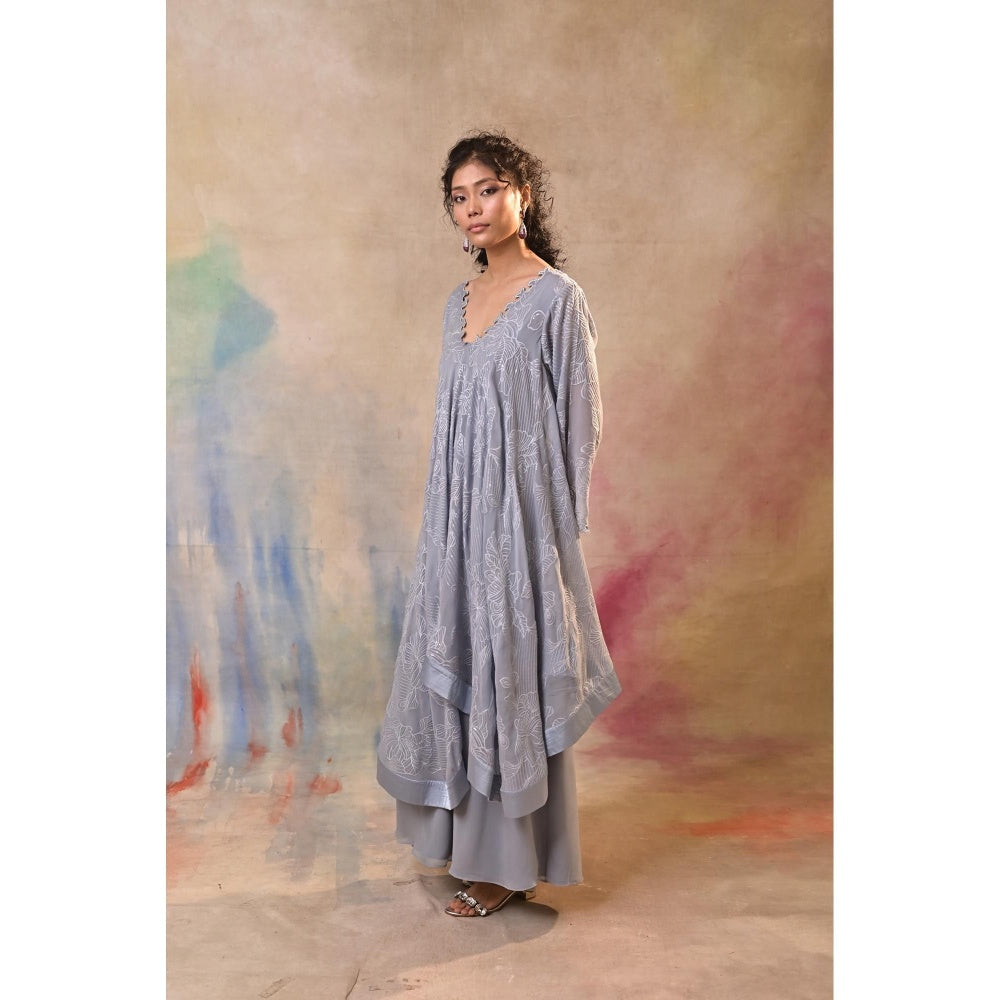 Jasashi Elegant Grey Embroidered Indo-Western Kurta with Palazzo (Set of 2)