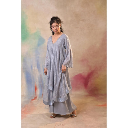 Jasashi Elegant Grey Embroidered Indo-Western Kurta with Palazzo (Set of 2)