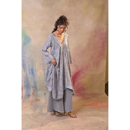 Jasashi Elegant Grey Embroidered Indo-Western Kurta with Palazzo (Set of 2)