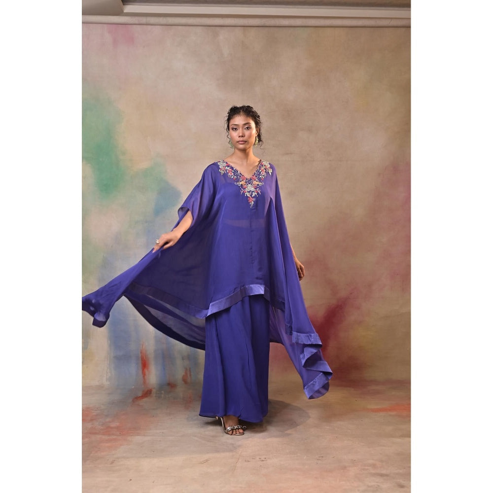 Jasashi Royal Blue Embroidered Indo-Western Cape Sleeve Kurta with Palazzo (Set of 2)