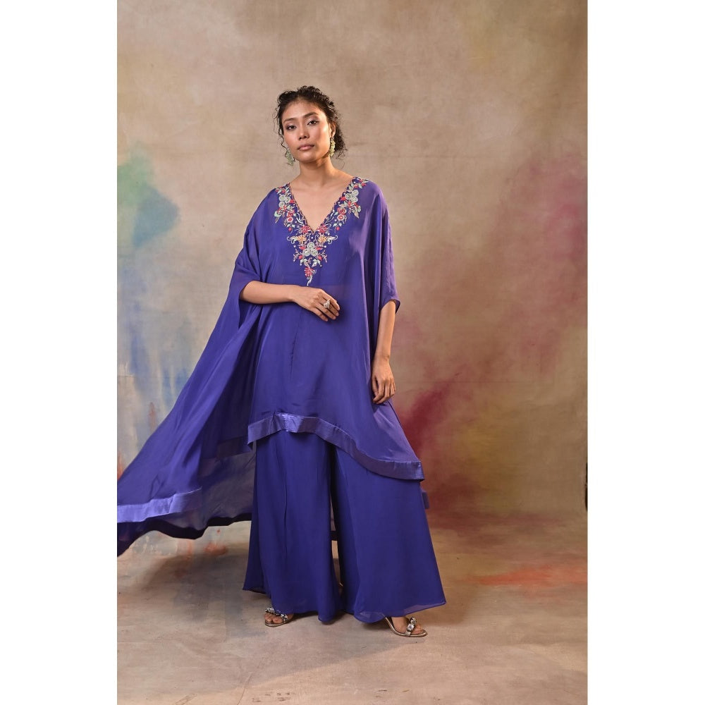 Jasashi Royal Blue Embroidered Indo-Western Cape Sleeve Kurta with Palazzo (Set of 2)