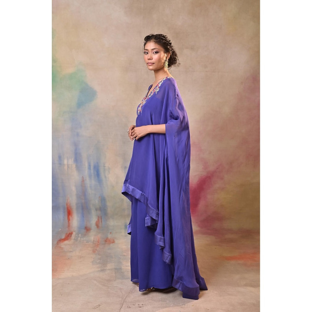 Jasashi Royal Blue Embroidered Indo-Western Cape Sleeve Kurta with Palazzo (Set of 2)