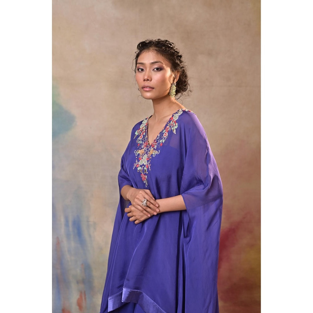 Jasashi Royal Blue Embroidered Indo-Western Cape Sleeve Kurta with Palazzo (Set of 2)