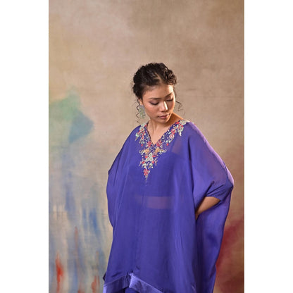 Jasashi Royal Blue Embroidered Indo-Western Cape Sleeve Kurta with Palazzo (Set of 2)