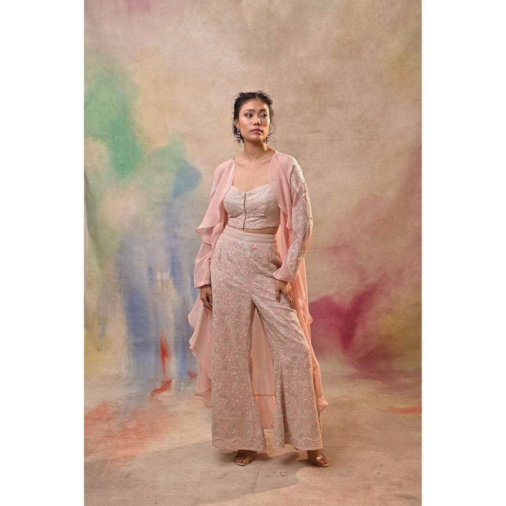 Jasashi Blush Pink Embroidered Indo-Western Crop Top with Palazzo and Cape (Set of 3)