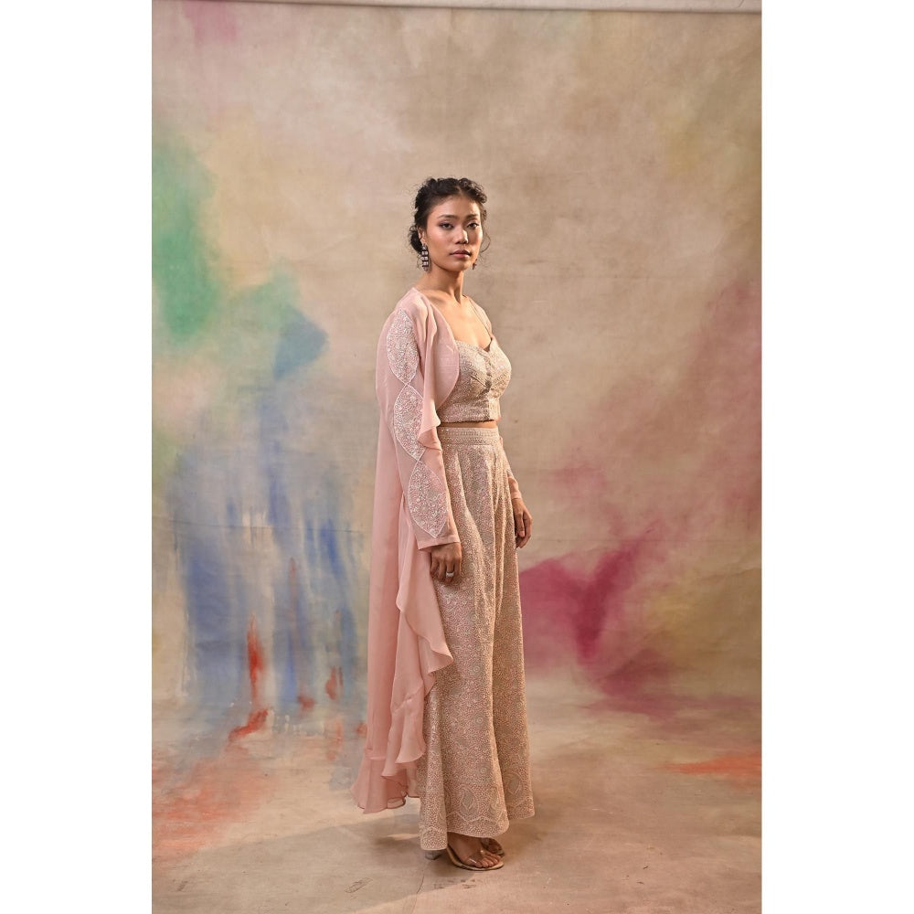 Jasashi Blush Pink Embroidered Indo-Western Crop Top with Palazzo and Cape (Set of 3)