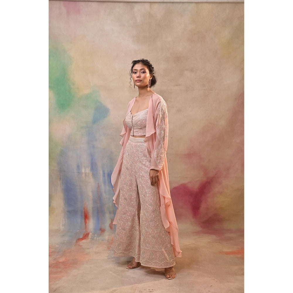 Jasashi Blush Pink Embroidered Indo-Western Crop Top with Palazzo and Cape (Set of 3)